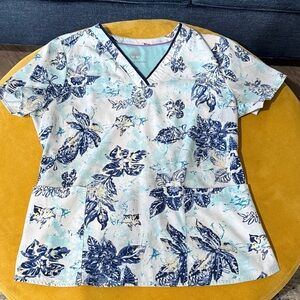 Healing Hands Blue and White Floral V-Neck Scrub Top